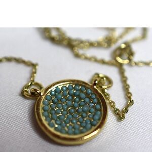 Unique Turquoise Beaded Inlay Circle Pendant Gold Tone Link 15" Y2K Necklace